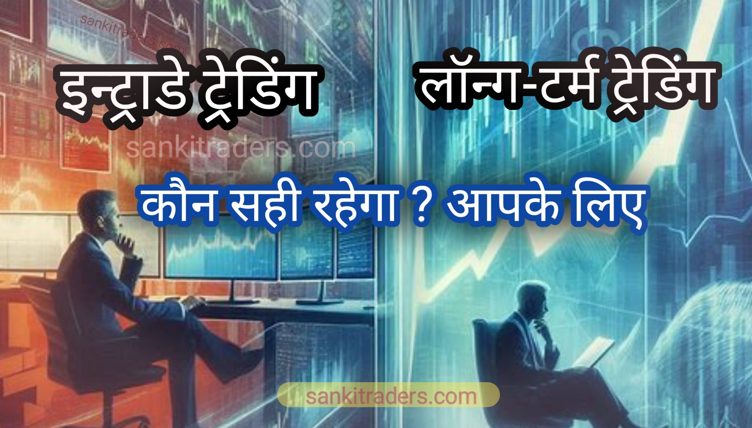 "इंट्राडे और लॉन्ग-टर्म ट्रेडिंग की तुलना करने वाला डिजिटल आर्टवर्क।","Digital artwork comparing intraday and long-term trading."